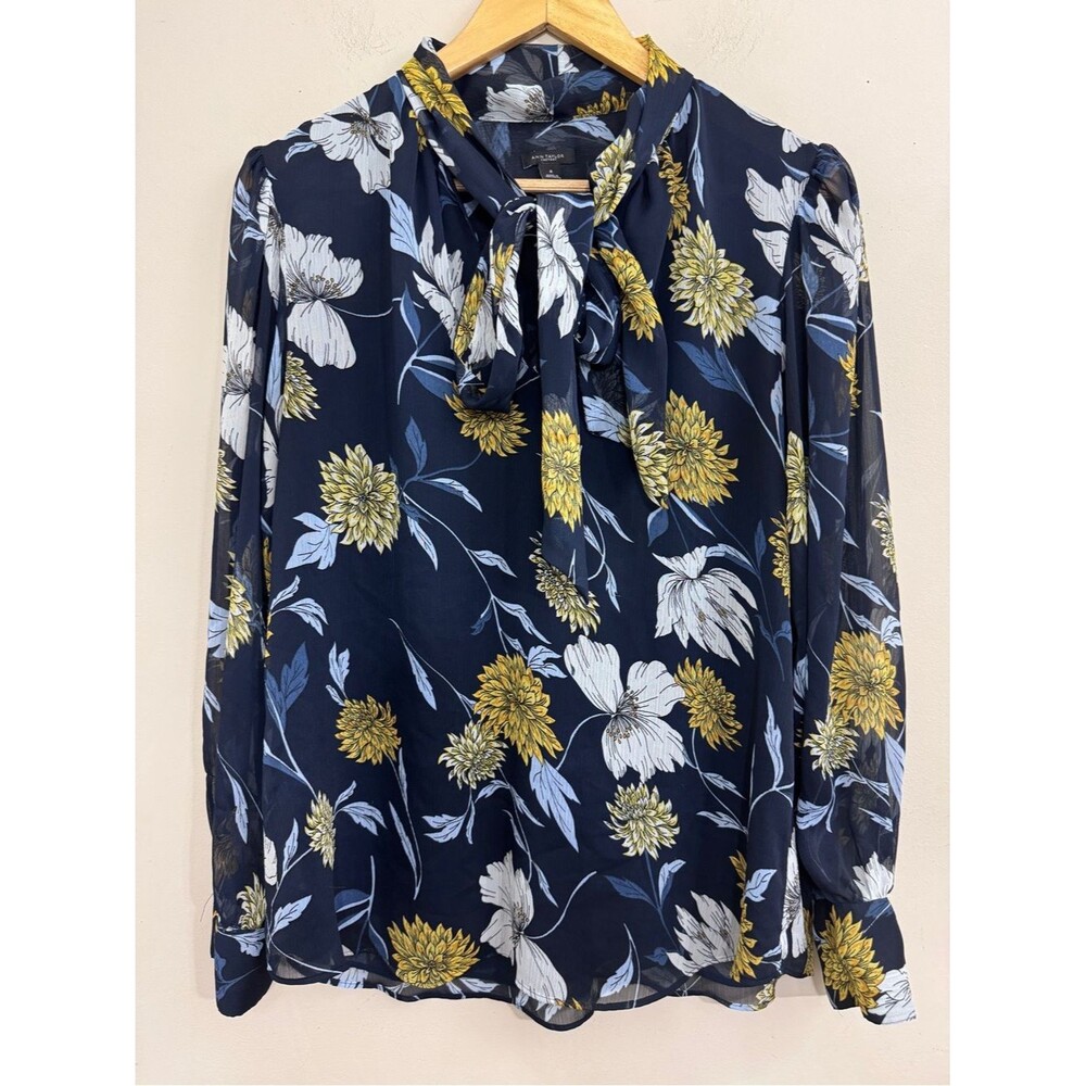 Ann Taylor Navy Floral Tie-Neck Blouse Yellow Accents Long Sleeve size M Career